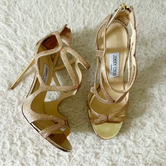Jimmy Choo Leslie Gold Champagne Glitter Strappy Caged Heels Sandals Size EU 38 - Picture 9 of 14
